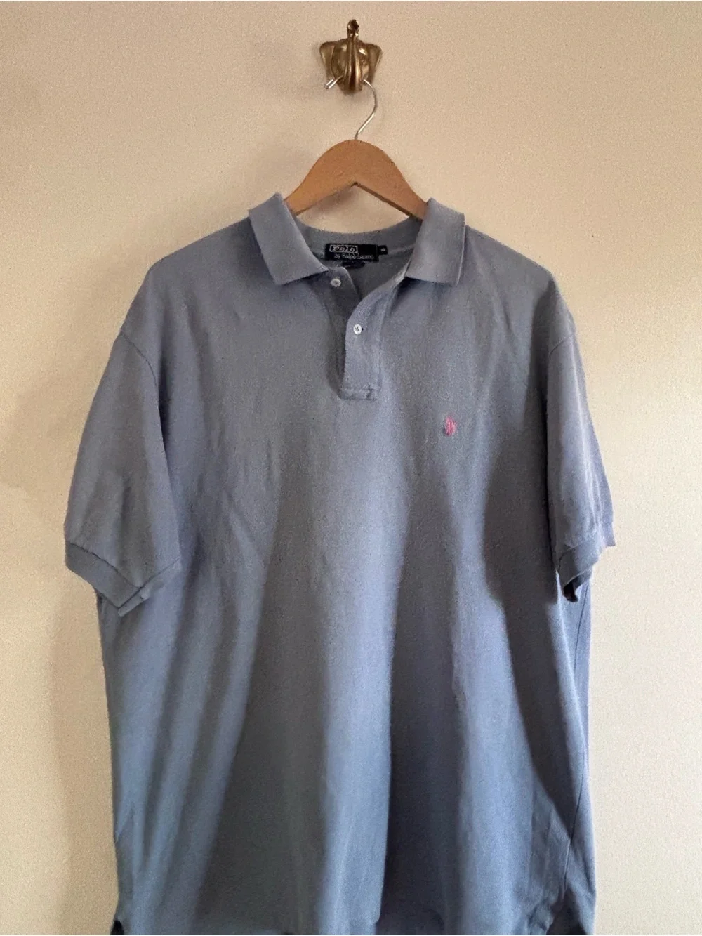 Vintage Polo Ralph Lauren Pale Blue Polo Pink Pony Made in USA size XL Preppy